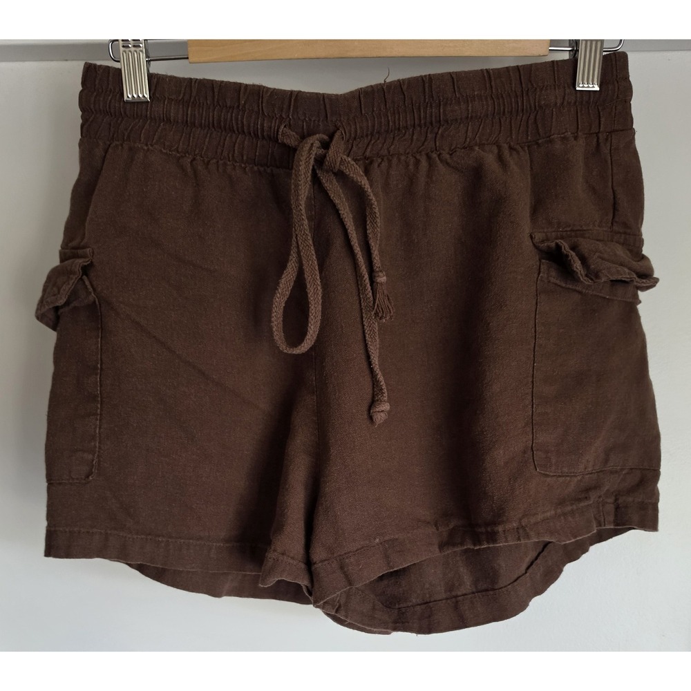 Ambiance Apparel Shorts Women M Brown Linen Casual Summer Hot Pants Tie